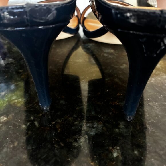 Womens Navy Cecily Patent Python Sandals Slip in Heels Size 6.5 Worn once w/box - Picture 5 of 8